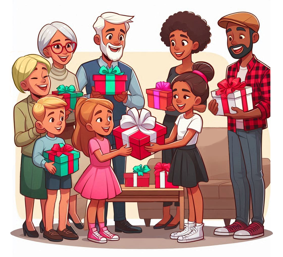 Illustrated family exchanging Christmas gifts